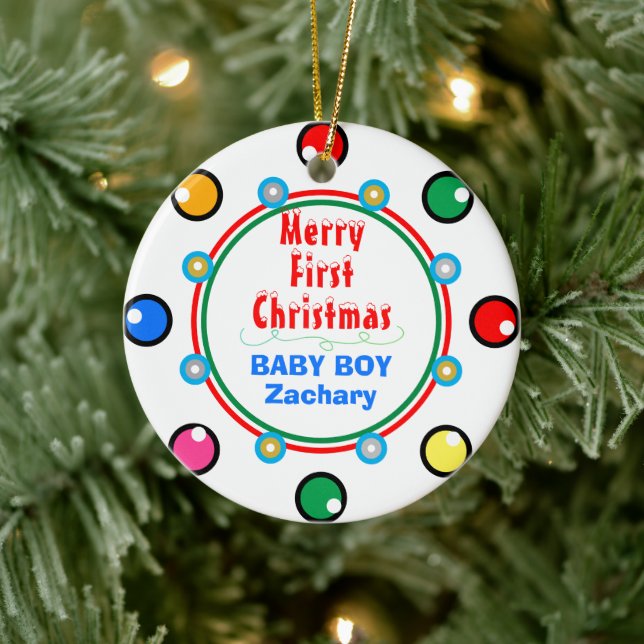 First Christmas Baby Boy Red Green Blue  Ceramic Ornament (Tree)
