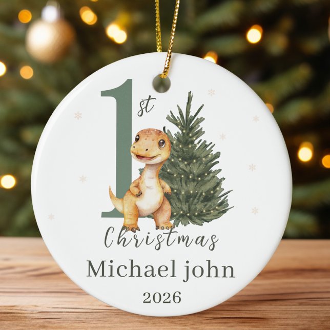 First Christmas Baby Custom Name and Year Dinosaur Ceramic Ornament (Creator Uploaded)