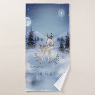 First Christmas,Baby Deer,Winter Landscape   Bath Towel Set
