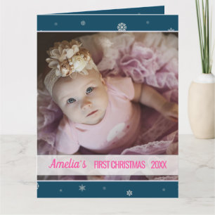 First Christmas baby girl blue snowflake Card