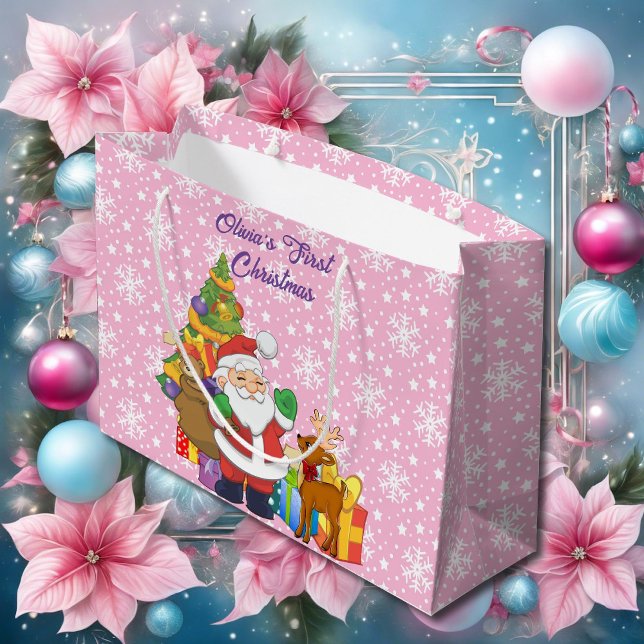 First Christmas Baby Girl's Personalize Name Santa Large Gift Bag (Creator Uploaded)