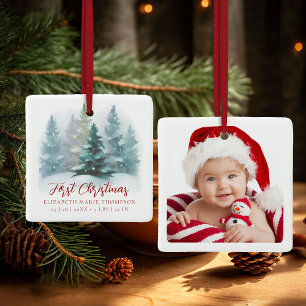 First Christmas Baby Name Snowy Woodland Photo  Ceramic Ornament
