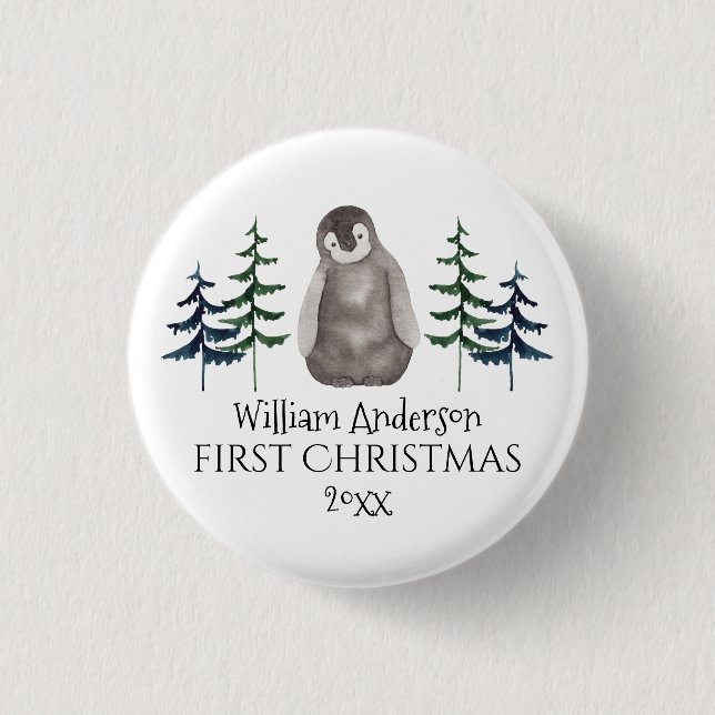 First Christmas Baby Penguin & Tree Personalized 1 Inch Round Button (Front)
