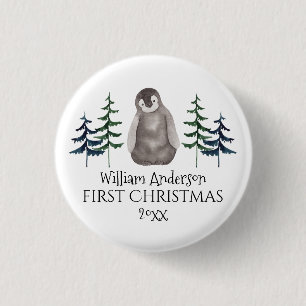 First Christmas Baby Penguin & Tree Personalized 1 Inch Round Button