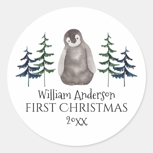First Christmas Baby Penguin & Tree Personalized  Classic Round Sticker (Front)