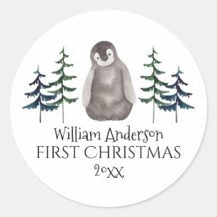 First Christmas Baby Penguin & Tree Personalized  Classic Round Sticker