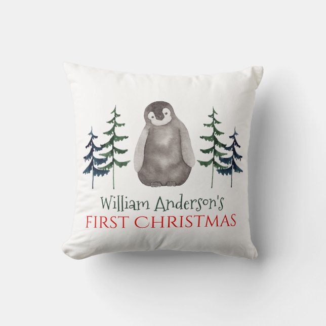 First Christmas Baby Penguin & Tree Personalized  Throw Pillow (Front)