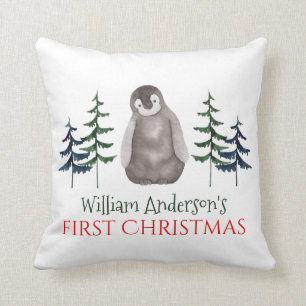 First Christmas Baby Penguin & Tree Personalized  Throw Pillow