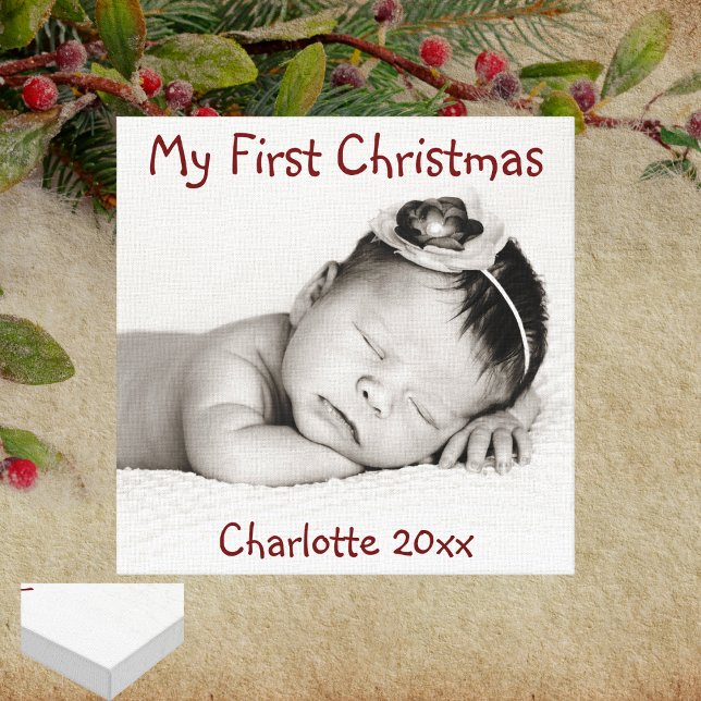 First Christmas Baby Photo Add Name Canvas Print (First Christmas Baby Photo Add Name Wrapped Canvas Print)