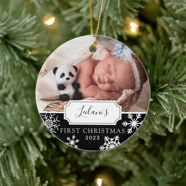 First Christmas Baby Photo Black Ceramic Ornament (Tree)