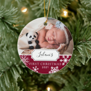 First Christmas Baby Photo Burgundy Ceramic Ornament