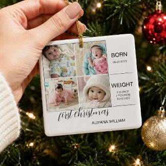 First Christmas Baby Photo Collage Stats Ceramic Ornament