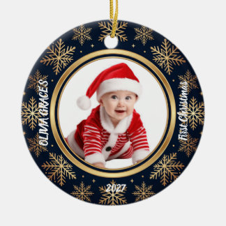 First Christmas Baby Photo Deer Birth Details Ceramic Ornament