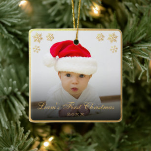 First Christmas Baby Photo Elegant Faux Gold Foil Ceramic Ornament