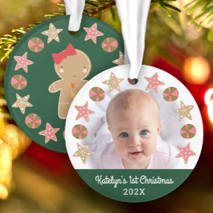 First Christmas Baby Photo Gingerbread Girl Green Ornament