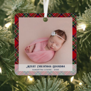 First Christmas Baby Photo Holiday Tartan Metal Ornament