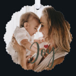 First Christmas baby photo name modern green Ornament Card<br><div class="desc">Trendy modern dark red and green joy script and heart keepsake holiday tree ornament card with new baby's first Christmas together with mom,  dad,  and family.</div>