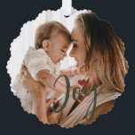 First Christmas baby photo name modern green Ornament Card<br><div class="desc">Trendy modern dark red and green joy script and heart keepsake holiday tree ornament card with new baby's first Christmas together with mom,  dad,  and family.</div>