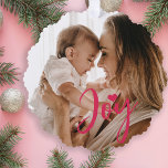 First Christmas baby photo name modern Ornament Card<br><div class="desc">Trendy modern pink joy script and heart keepsake holiday tree ornament card with new baby's first Christmas together with mom,  dad,  and family.</div>