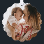 First Christmas baby photo name modern red Ornament Card<br><div class="desc">Trendy modern dark red burgundy joy script and heart keepsake holiday tree ornament card with new baby's first Christmas together with mom,  dad,  and family.</div>