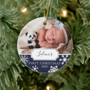 First Christmas Baby Photo Navy Blue Ceramic Ornament