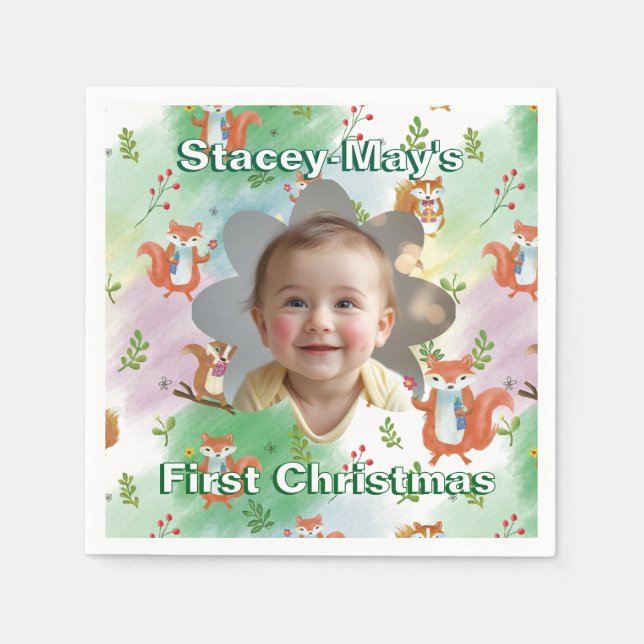 First Christmas Baby Photo Pillow Woodland Animal Napkin (Front)