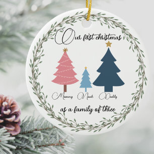 First Christmas baby photo pink and blue trees Ceramic Ornament