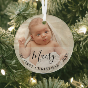 First Christmas Baby Photo Script Name Glass Ornament