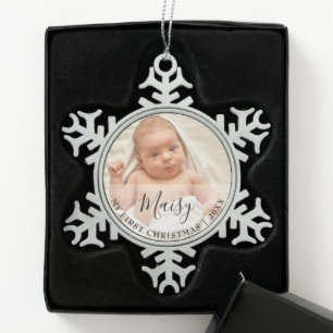 First Christmas Baby Photo Script Name Snowflake Pewter Christmas Ornament
