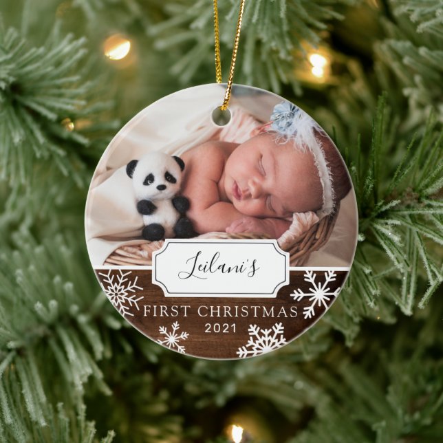 First Christmas Baby Photo Wood Ceramic Ornament (Tree)