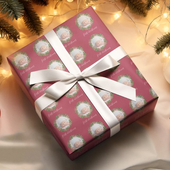 First Christmas Baby Photo Wreath Red Wrapping Paper (Creator Uploaded)