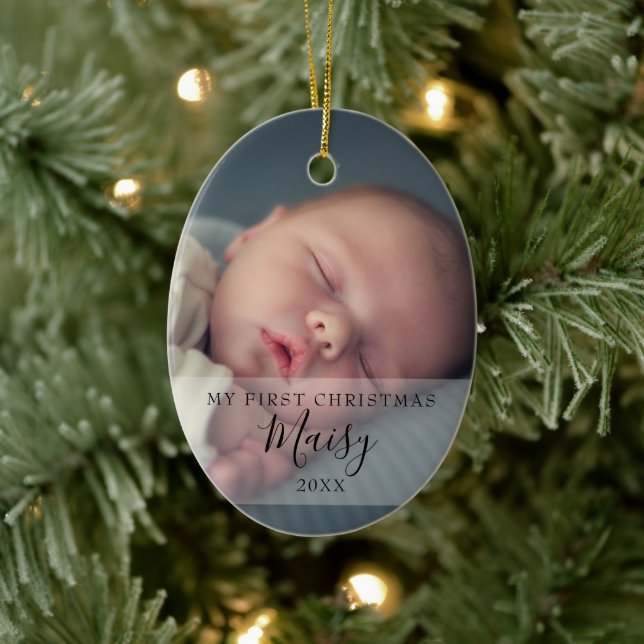 First Christmas Baby Photos Elegant Script Ceramic Ornament (Tree)