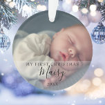 First Christmas Baby Photos Script Name Ornament<br><div class="desc">Personalise with your favourite baby photos name and date to create a unique memory and gift for a first Christmas. A lovely keepsake to celebrate your new arrival! Designed by Thisisnotme©</div>