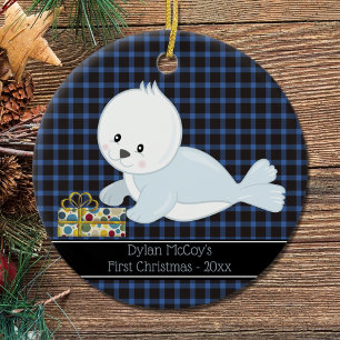 First Christmas•Baby Seal•Blue Plaid Ceramic Ornament