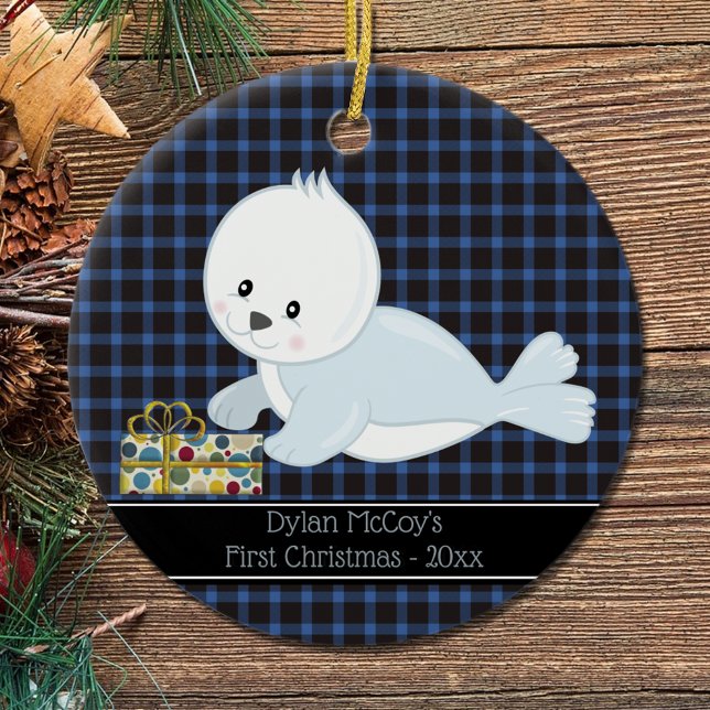 First Christmas•Baby Seal•Blue Plaid Ceramic Ornament (Creator Uploaded)