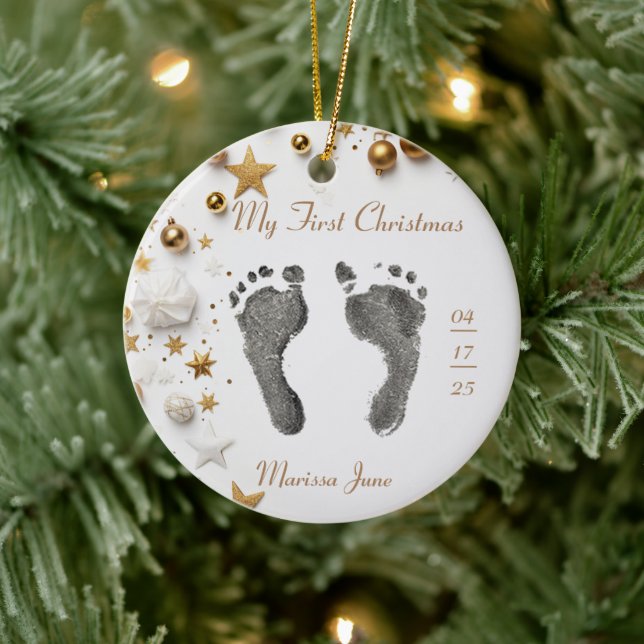 First Christmas Baby's Foot Prints Name Photo Star Ceramic Ornament (Tree)