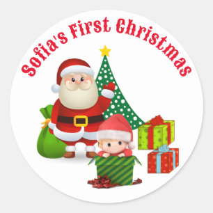 First Christmas Baby's Personalize Name Elf Classic Round Sticker