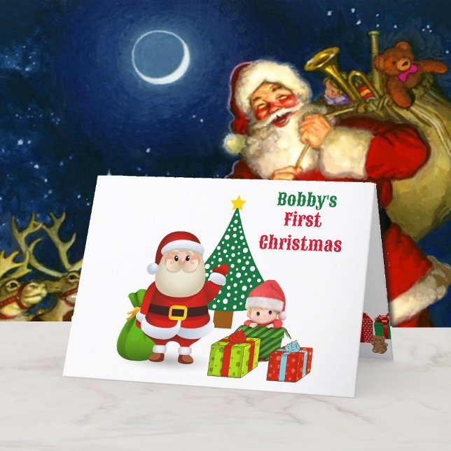 First Christmas Baby's Personalize Name Santa Cute Holiday Card (Creator Uploaded)