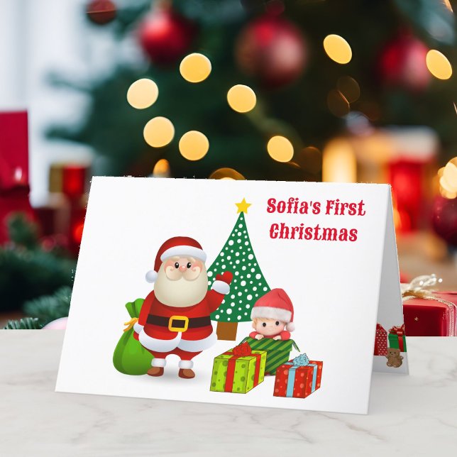 First Christmas Baby's Personalize Name Santa Holiday Card (Creator Uploaded)