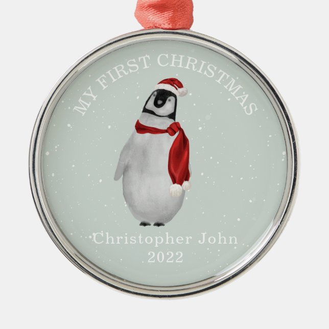 First Christmas Blue Baby Boy Penguin Snow Metal Ornament (Front)