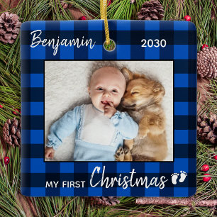 First Christmas Blue Buffalo Plaid Cute Baby Photo Ceramic Ornament