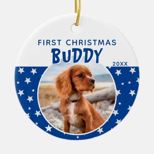 First Christmas Blue Star Pattern Puppy Dog Photo Ceramic Ornament (Front)