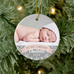 First Christmas Blush Pink Baby Girl Photo Ceramic Ornament