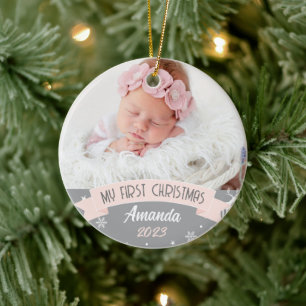 First Christmas Blush Pink Baby Girl Photo  Ceramic Ornament