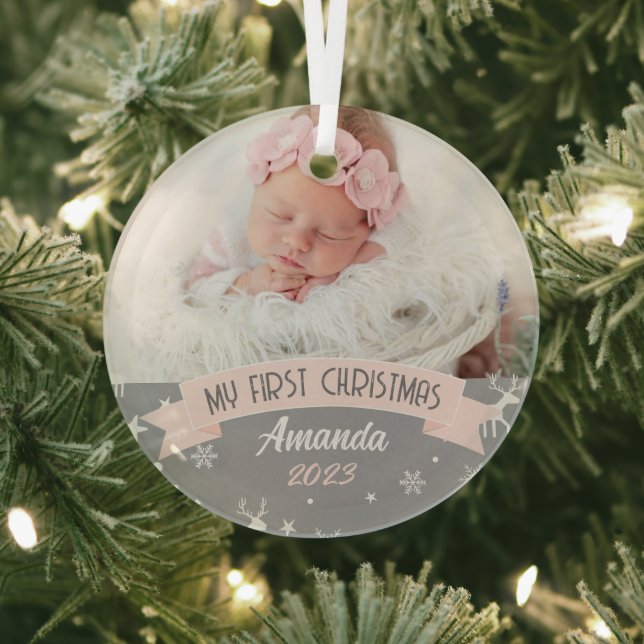 First Christmas Blush Pink Baby Girl Photo  Glass Ornament (Insitu)