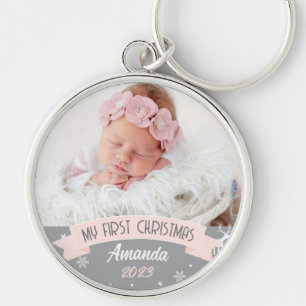 First Christmas Blush Pink Baby Girl Photo  Keychain