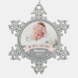 First Christmas Blush Pink Baby Girl Photo  Snowflake Pewter Christmas Ornament
