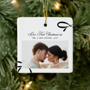 First Christmas Bow  Mr and Mrs Newlyweds Photo Ceramic Ornament