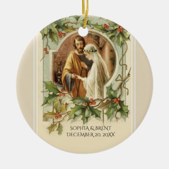First Christmas Bride Groom Virgin Mary Catholic Ceramic Ornament (Front)