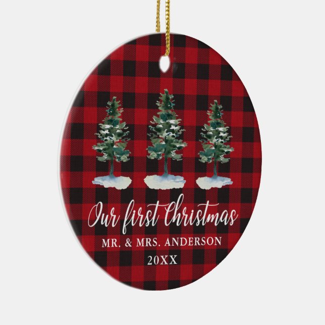 First Christmas Calligraphy Pines Plaid PHOTO BACK Ceramic Ornament (Right)